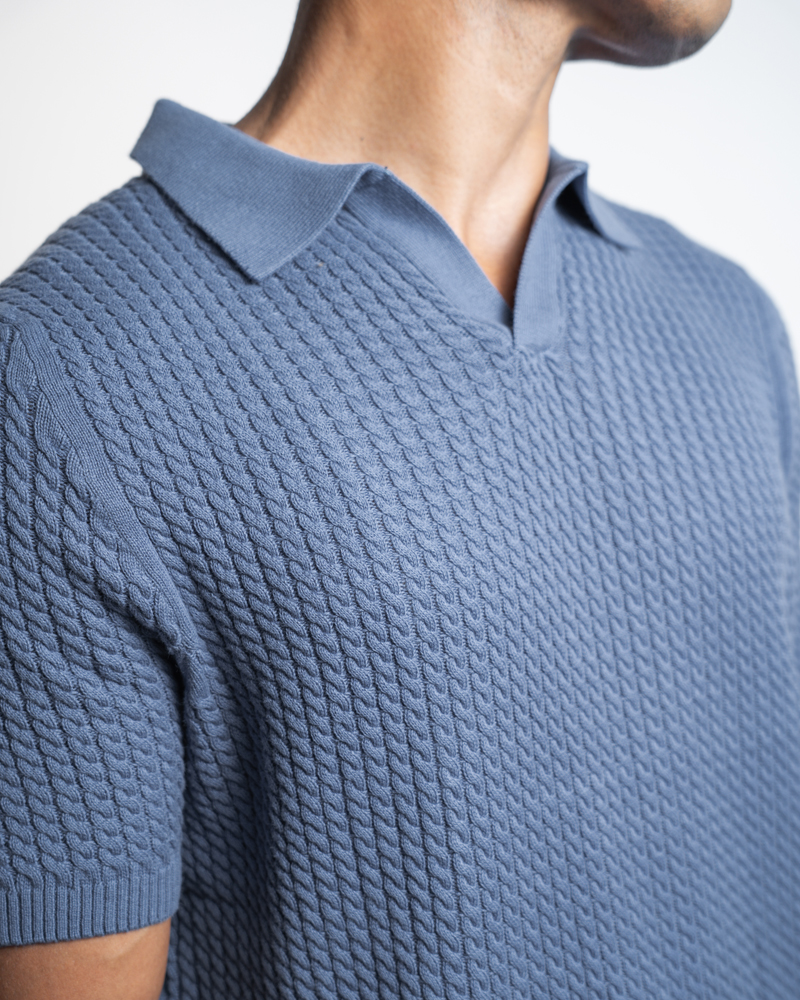 Braided Cable Knit Polo in Cornflower Blue - Image 5