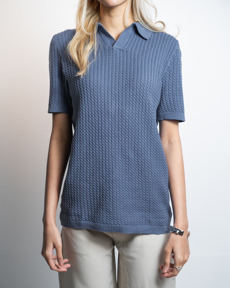 Braided Cable Knit Polo in Cornflower Blue - Image 8