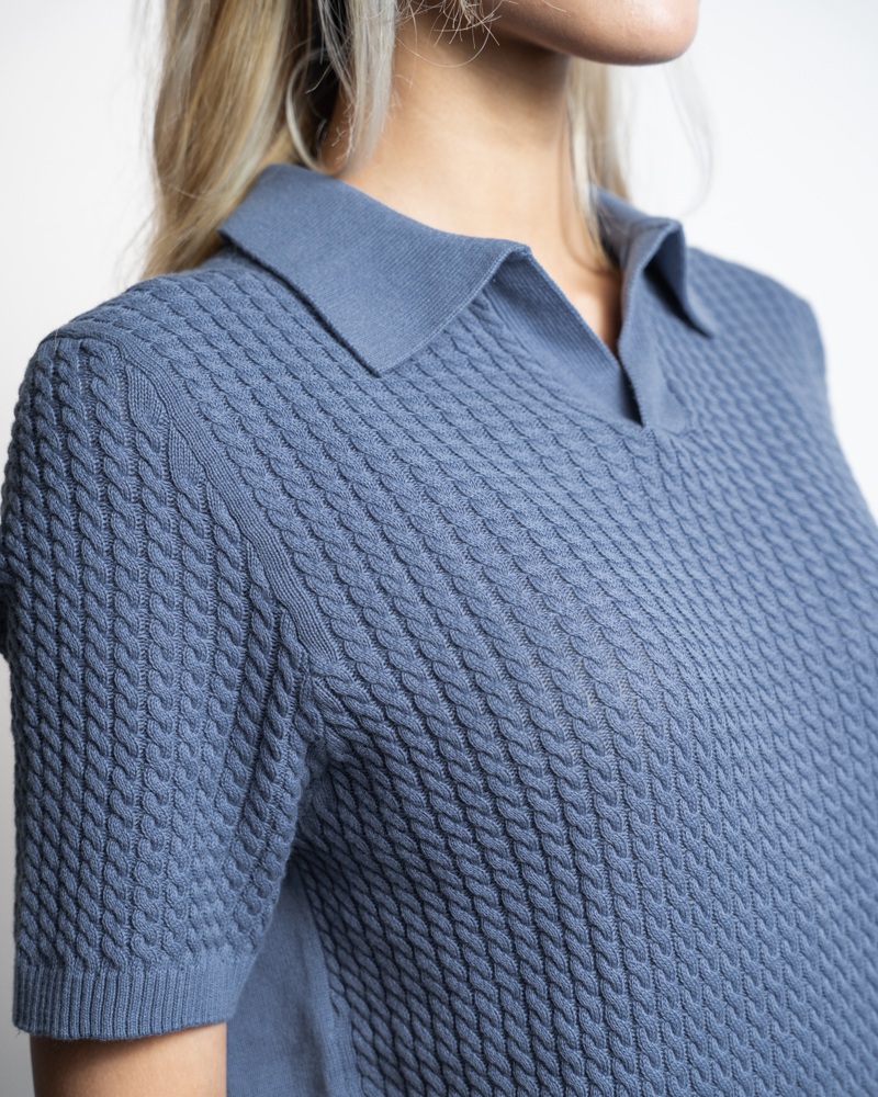 Braided Cable Knit Polo in Cornflower Blue - Image 9