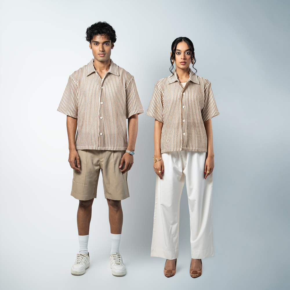 Crochet Shirt in Beige with Brown Stripes - Image 4