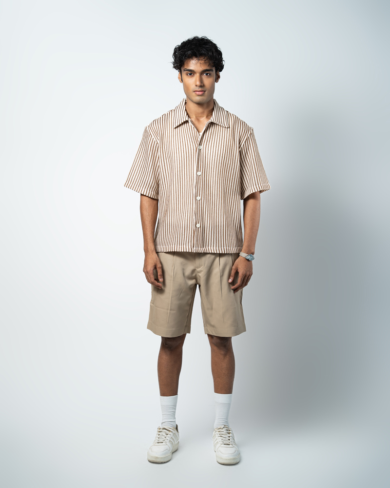 Crochet Shirt in Beige with Brown Stripes - Image 5