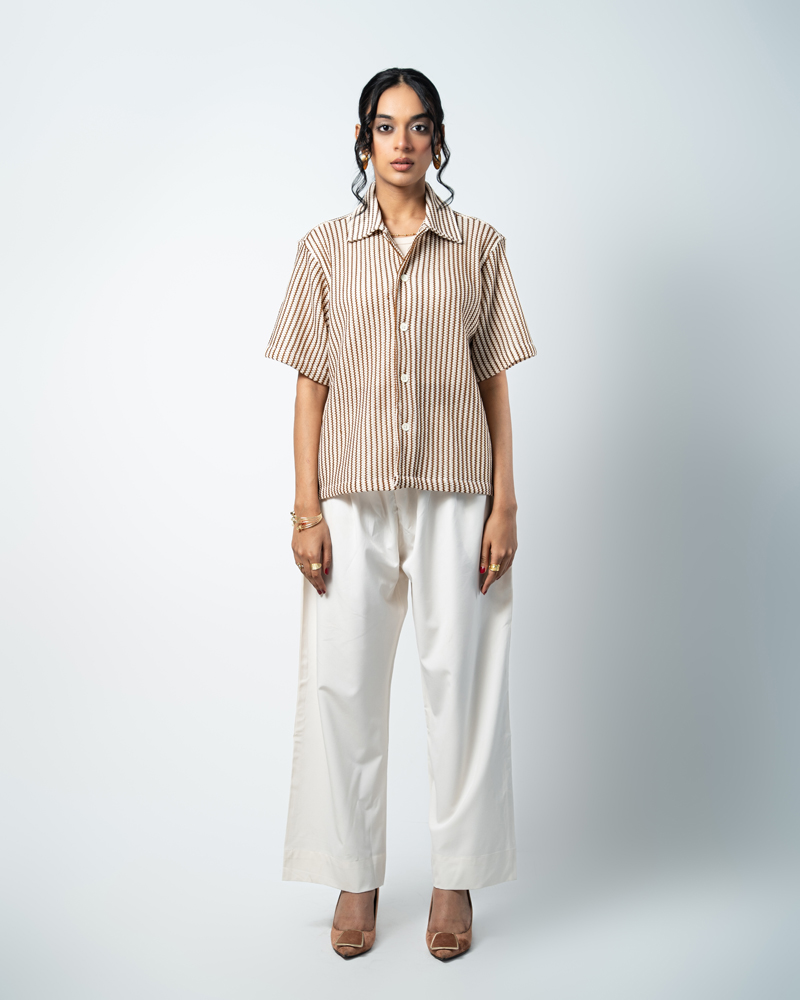 Crochet Shirt in Beige with Brown Stripes - Image 6