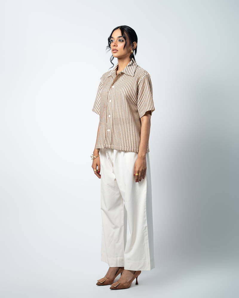 Crochet Shirt in Beige with Brown Stripes - Image 8