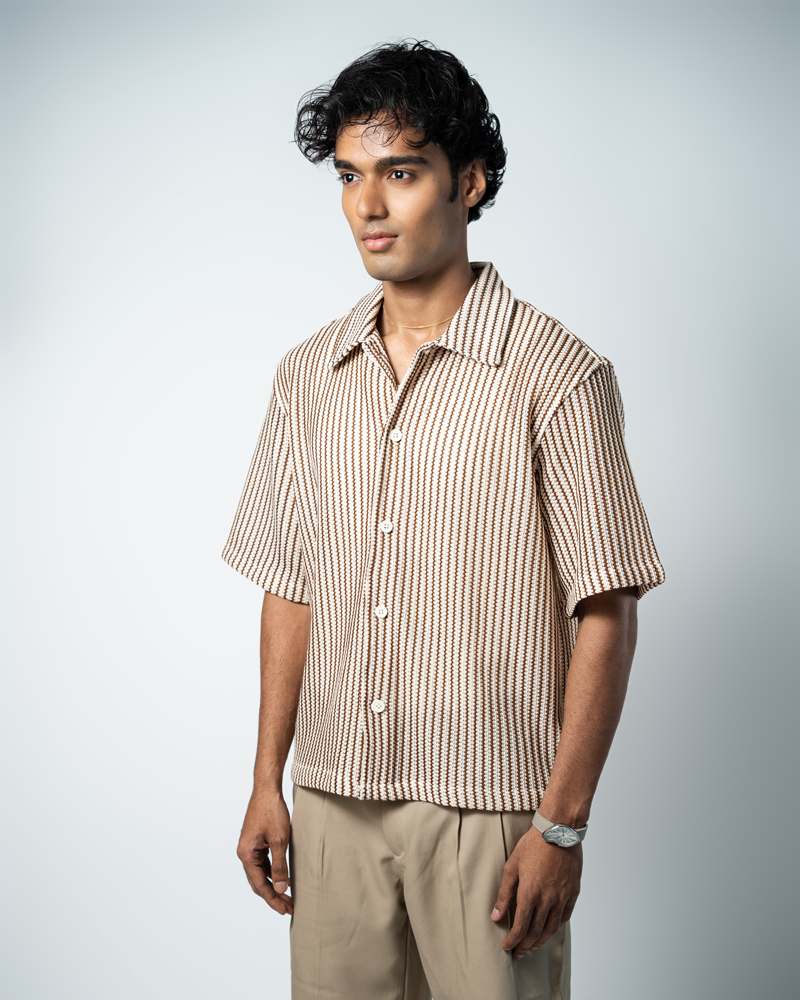 Crochet Shirt in Beige with Brown Stripes - Image 11