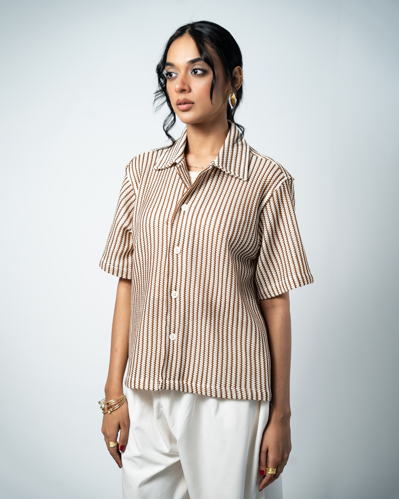 Crochet Shirt in Beige with Brown Stripes - Image 12