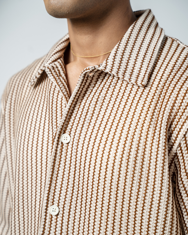 Crochet Shirt in Beige with Brown Stripes - Image 13