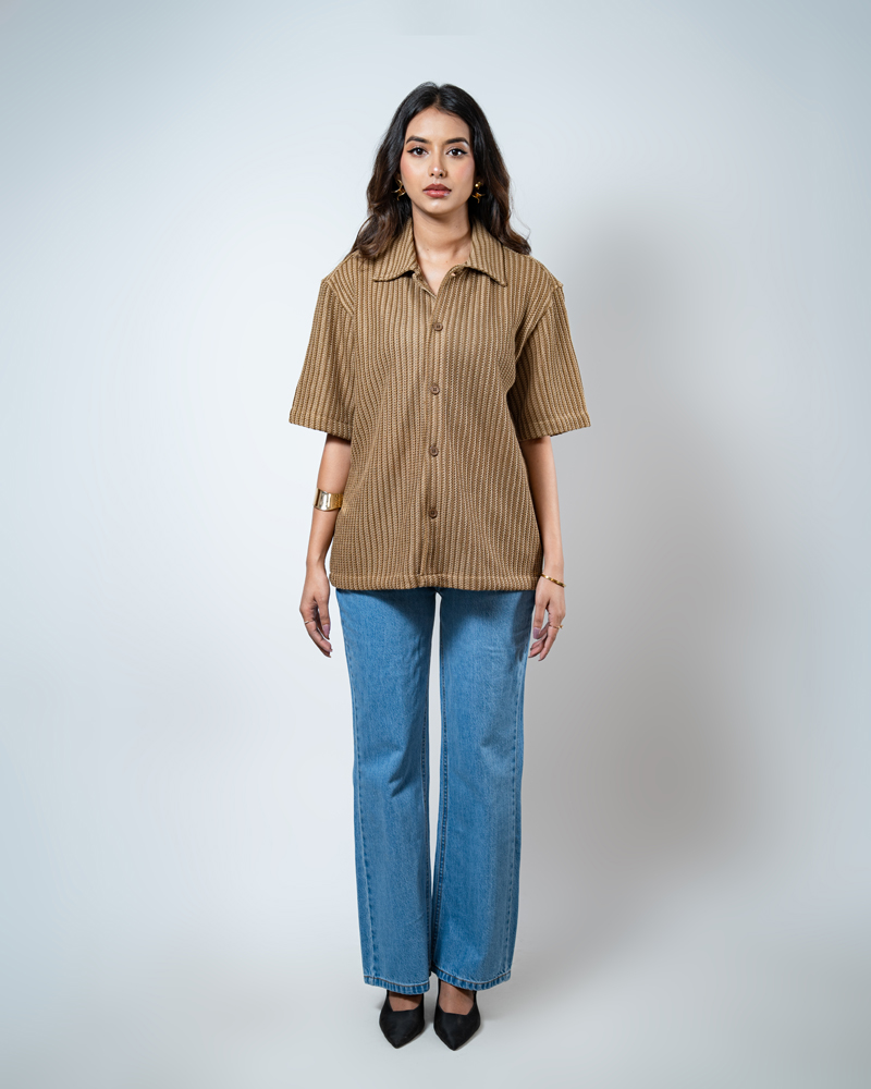 Crochet Shirt in Brown with Stripes - Image 5