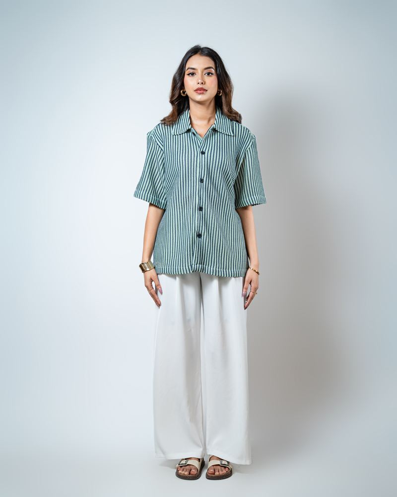 Crochet Shirt in Mint with Navy Stripes - Image 5