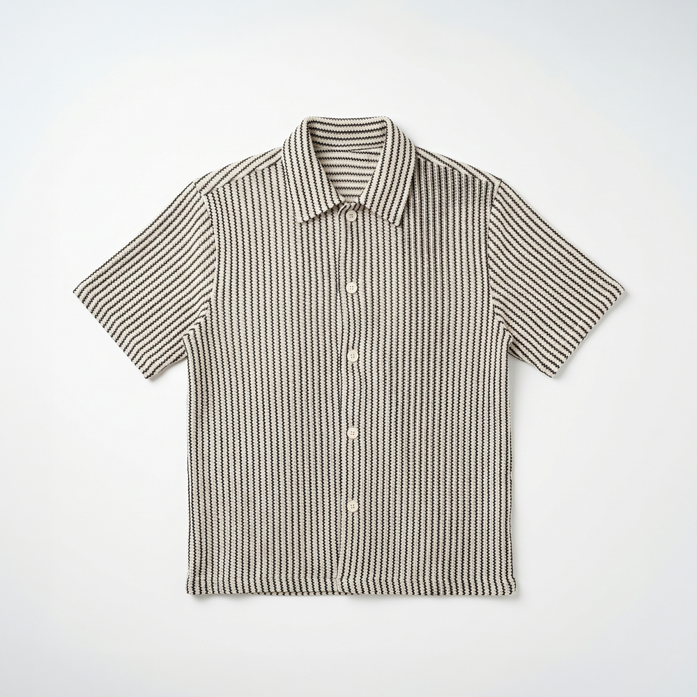 Crochet Shirt in Off-White with Black Stripes