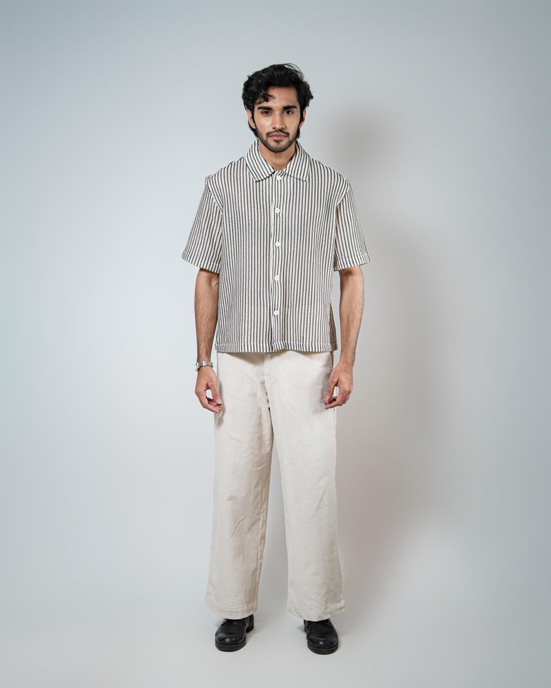 Crochet Shirt in Off-White with Black Stripes - Image 4