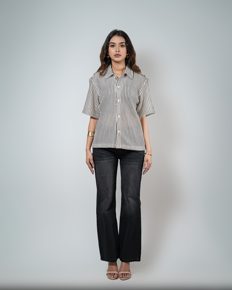Crochet Shirt in Off-White with Black Stripes - Image 5
