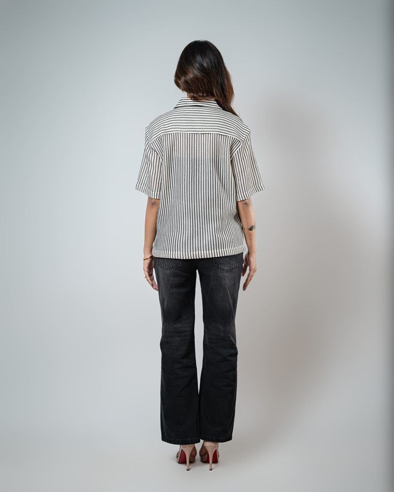 Crochet Shirt in Off-White with Black Stripes - Image 7