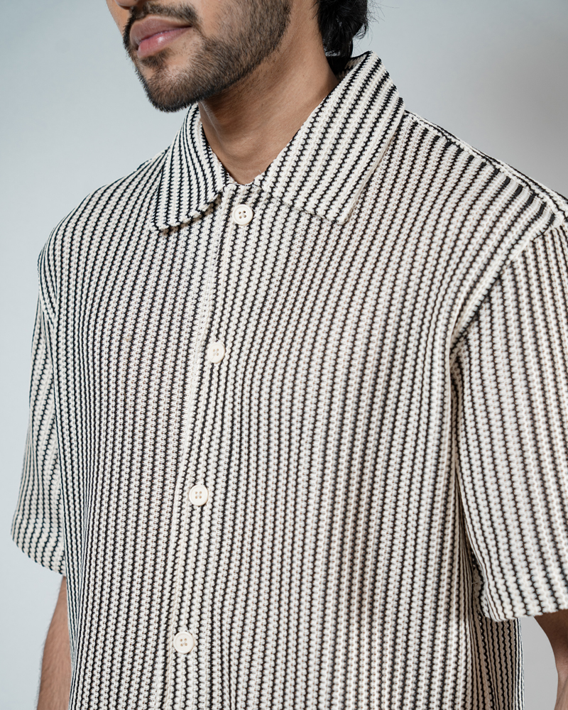 Crochet Shirt in Off-White with Black Stripes - Image 8