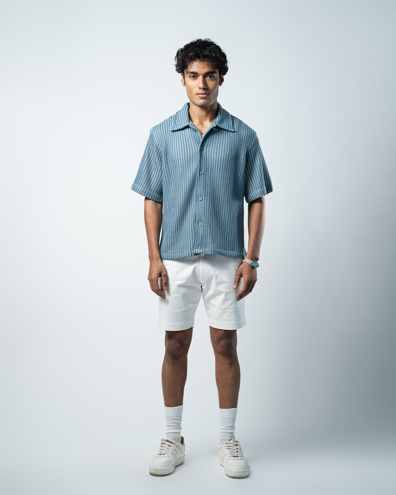 Crochet Shirt in Slate Blue with Stripes - Image 5
