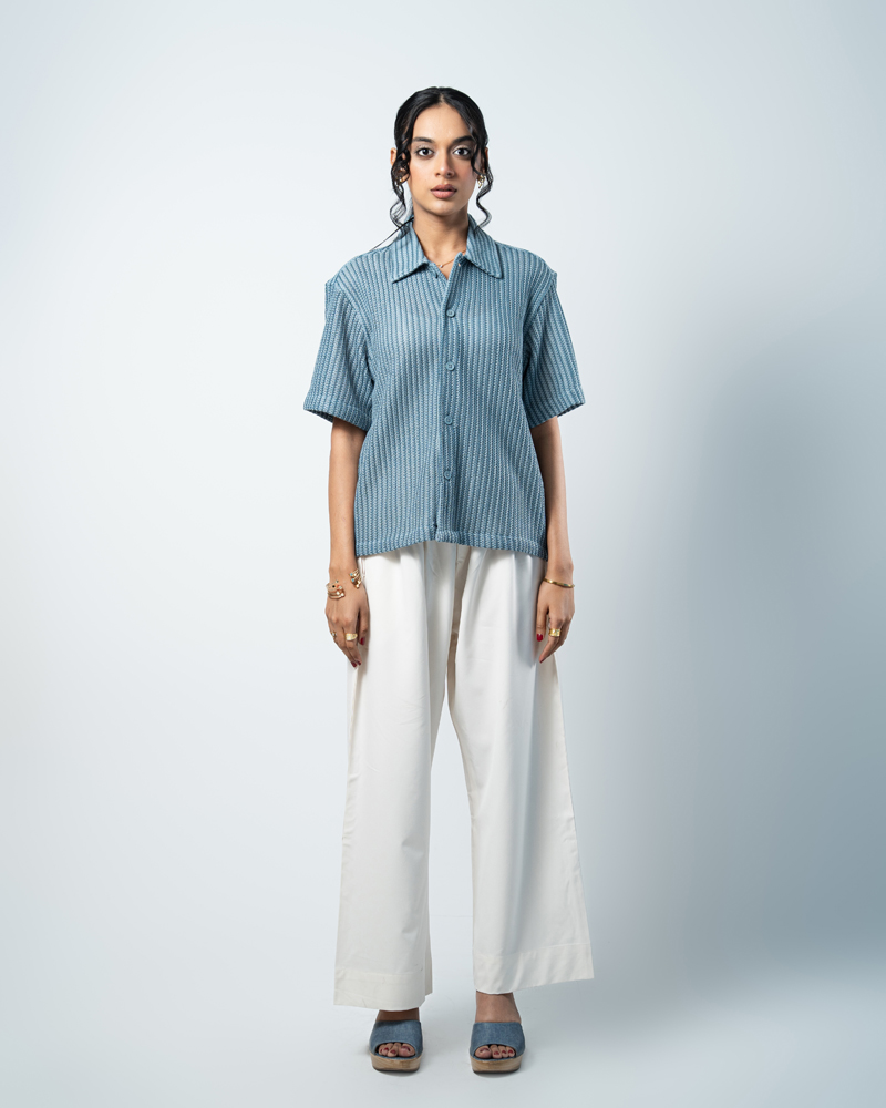 Crochet Shirt in Slate Blue with Stripes - Image 6