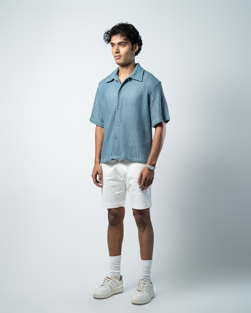Crochet Shirt in Slate Blue with Stripes - Image 7