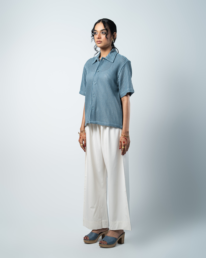 Crochet Shirt in Slate Blue with Stripes - Image 8