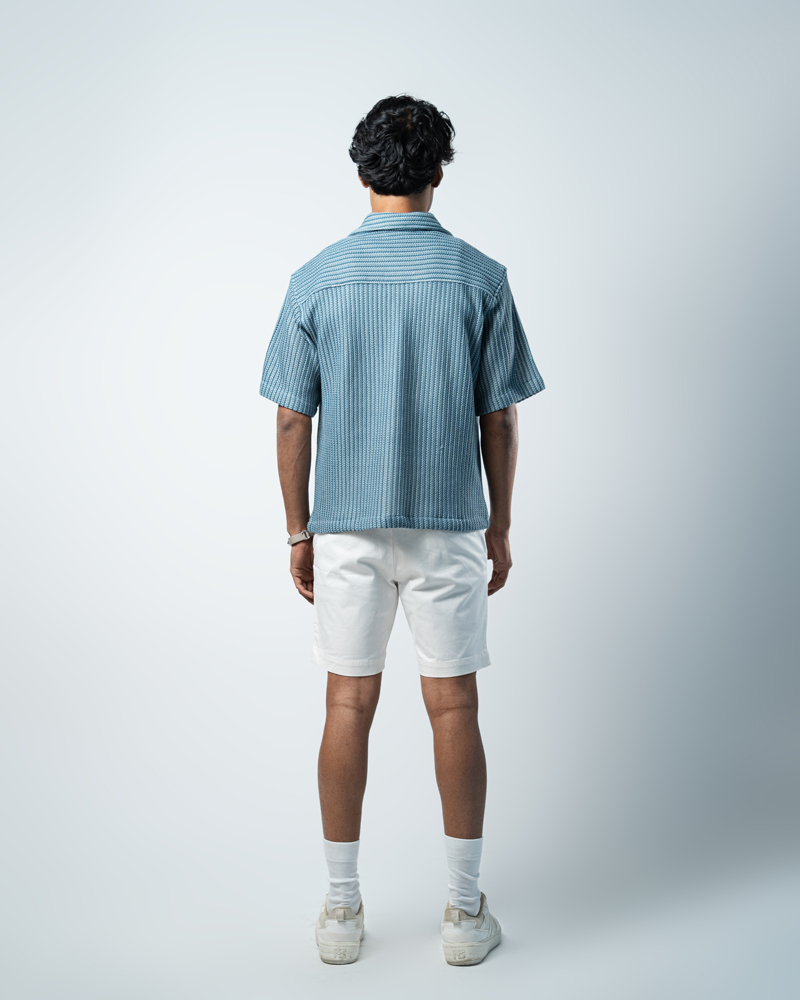 Crochet Shirt in Slate Blue with Stripes - Image 9
