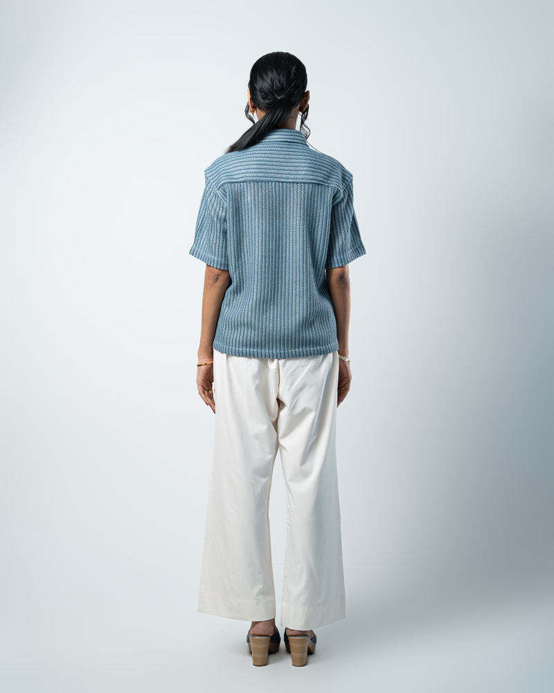 Crochet Shirt in Slate Blue with Stripes - Image 10