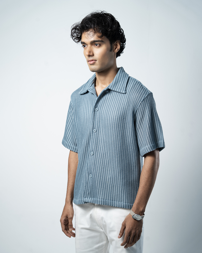 Crochet Shirt in Slate Blue with Stripes - Image 11