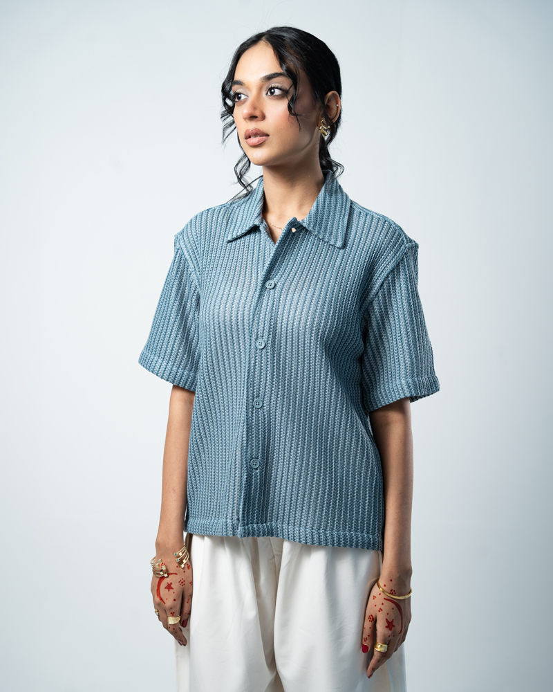 Crochet Shirt in Slate Blue with Stripes - Image 12