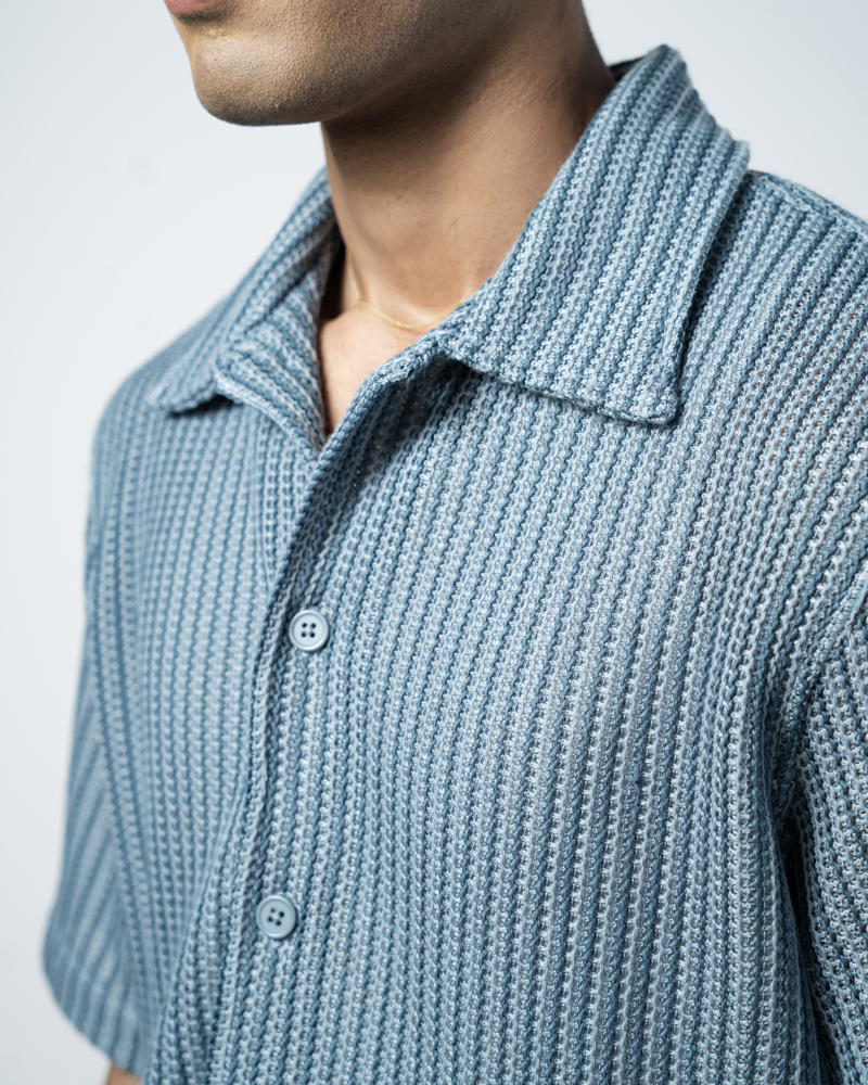 Crochet Shirt in Slate Blue with Stripes - Image 13