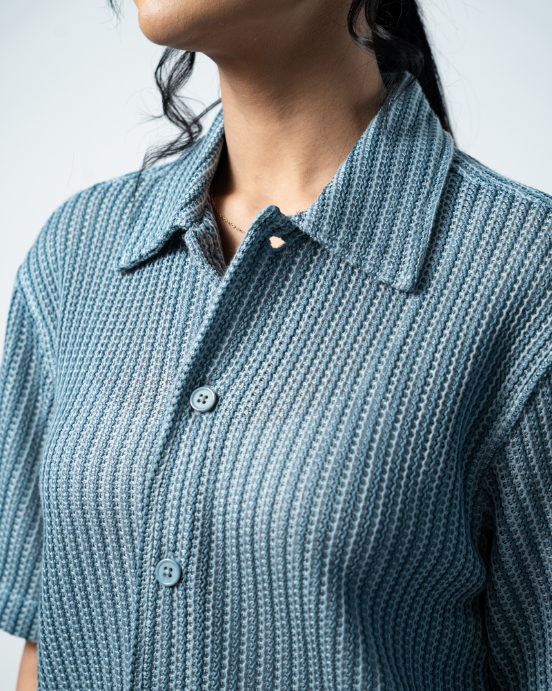 Crochet Shirt in Slate Blue with Stripes - Image 14