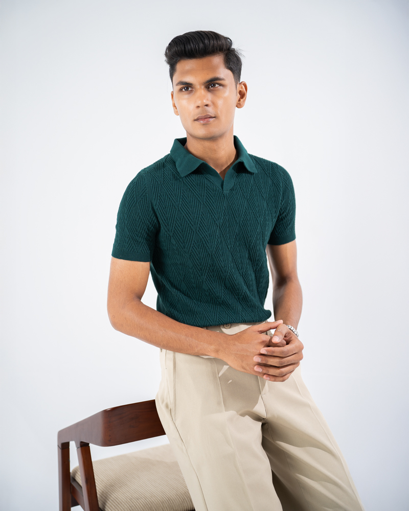 Diamond Knit Polo in Bottle Green - Image 2