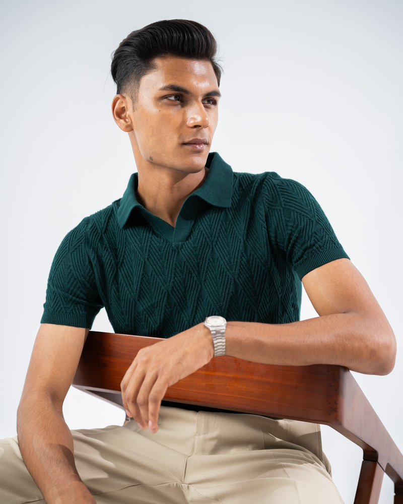 Diamond Knit Polo in Bottle Green - Image 6