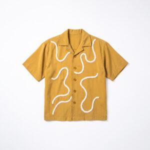 Embroidered Driftline Patterned Oversized Drop Shoulder Cuban Shirt in Ochre