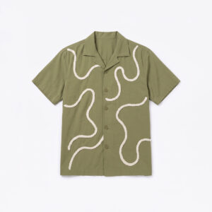 Embroidered Driftline Patterned Oversized Drop Shoulder Cuban Shirt in Olive