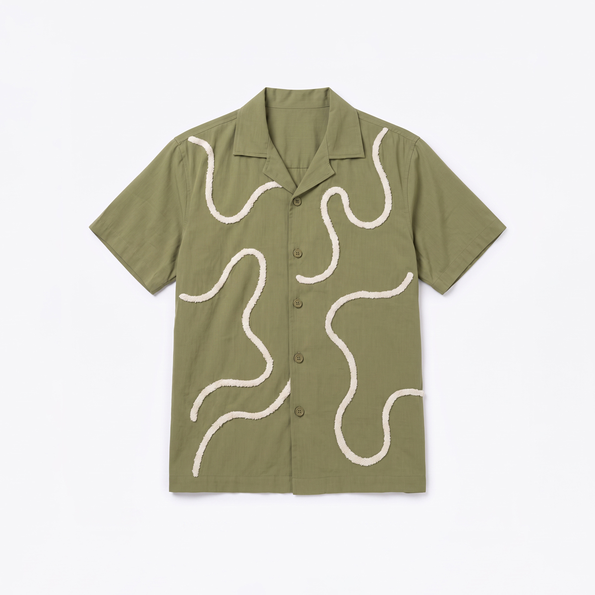Embroidered Driftline Patterned Oversized Drop Shoulder Cuban Shirt in Olive