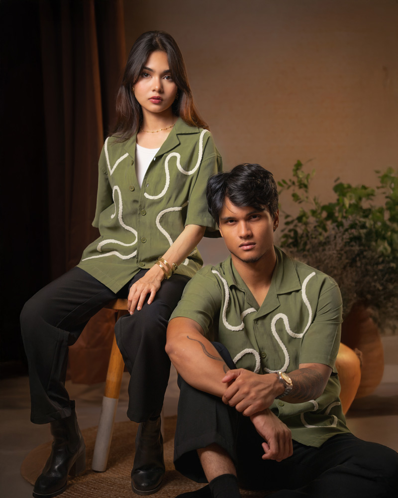 Embroidered Driftline Patterned Oversized Drop Shoulder Cuban Shirt in Olive - Image 2
