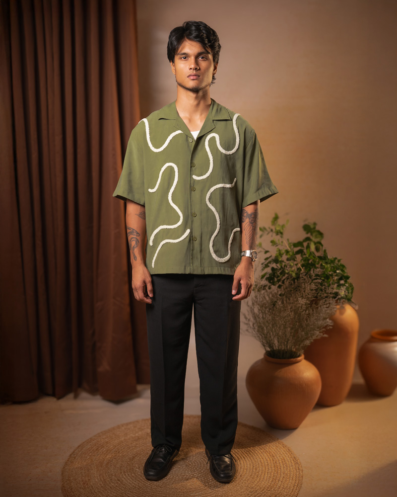 Embroidered Driftline Patterned Oversized Drop Shoulder Cuban Shirt in Olive - Image 3