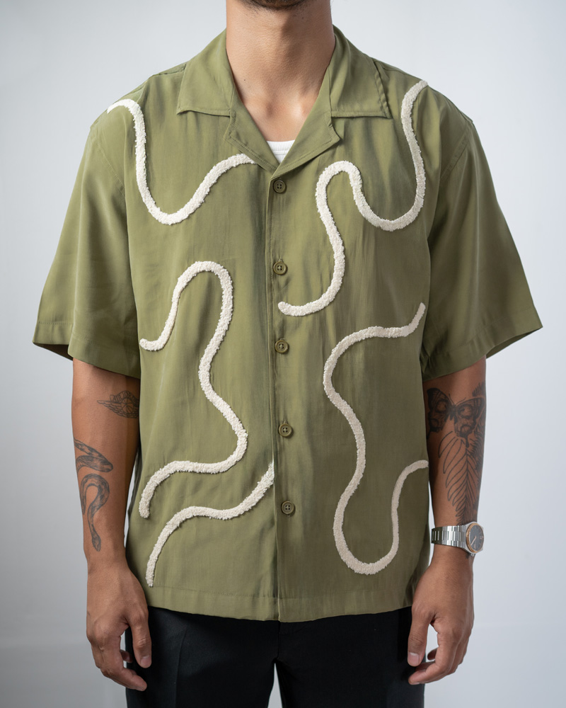 Embroidered Driftline Patterned Oversized Drop Shoulder Cuban Shirt in Olive - Image 4