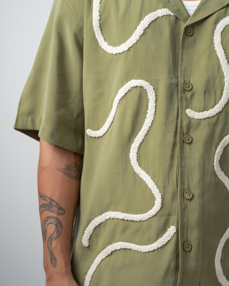 Embroidered Driftline Patterned Oversized Drop Shoulder Cuban Shirt in Olive - Image 5