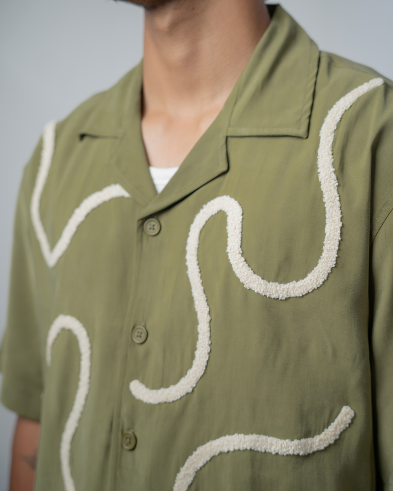 Embroidered Driftline Patterned Oversized Drop Shoulder Cuban Shirt in Olive - Image 6