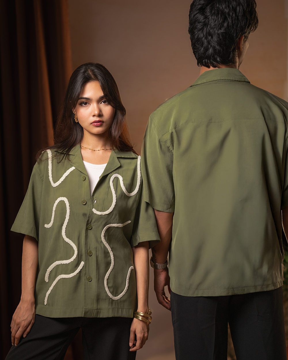 Embroidered Driftline Patterned Oversized Drop Shoulder Cuban Shirt in Olive - Image 7