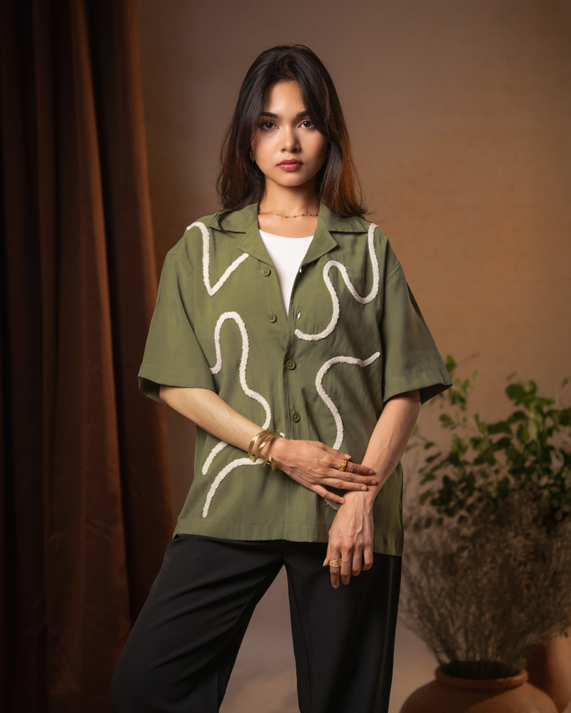 Embroidered Driftline Patterned Oversized Drop Shoulder Cuban Shirt in Olive - Image 8