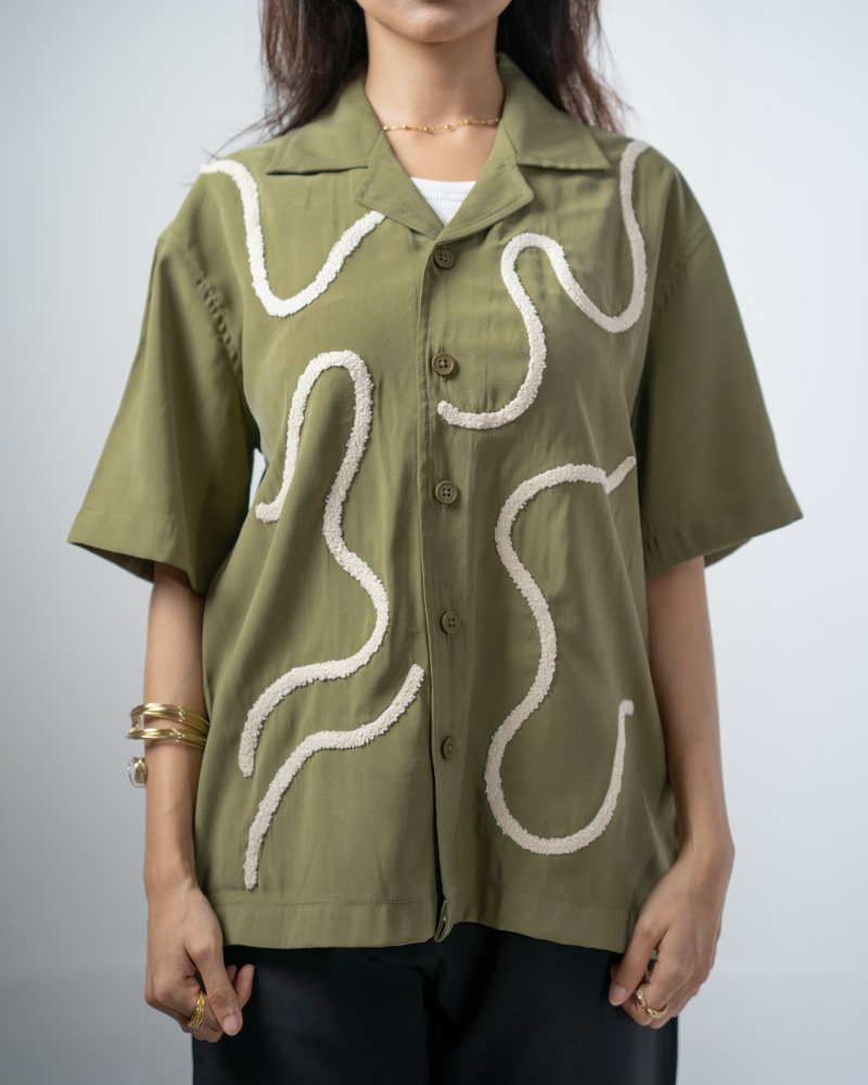 Embroidered Driftline Patterned Oversized Drop Shoulder Cuban Shirt in Olive - Image 9