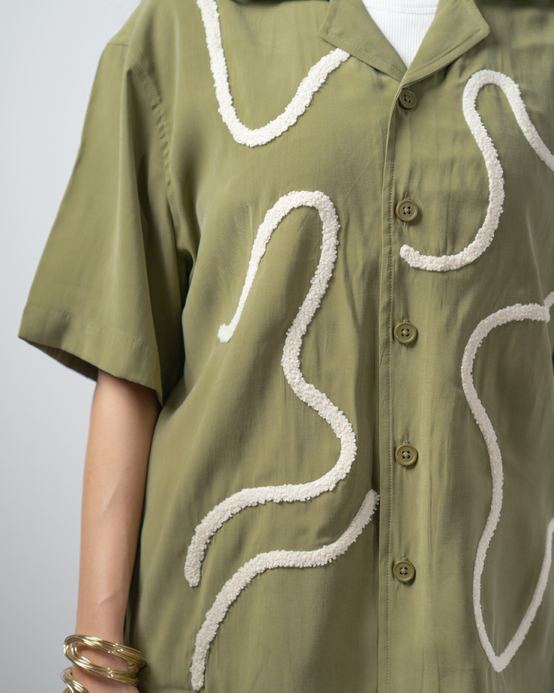 Embroidered Driftline Patterned Oversized Drop Shoulder Cuban Shirt in Olive - Image 10