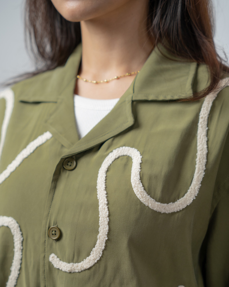 Embroidered Driftline Patterned Oversized Drop Shoulder Cuban Shirt in Olive - Image 11