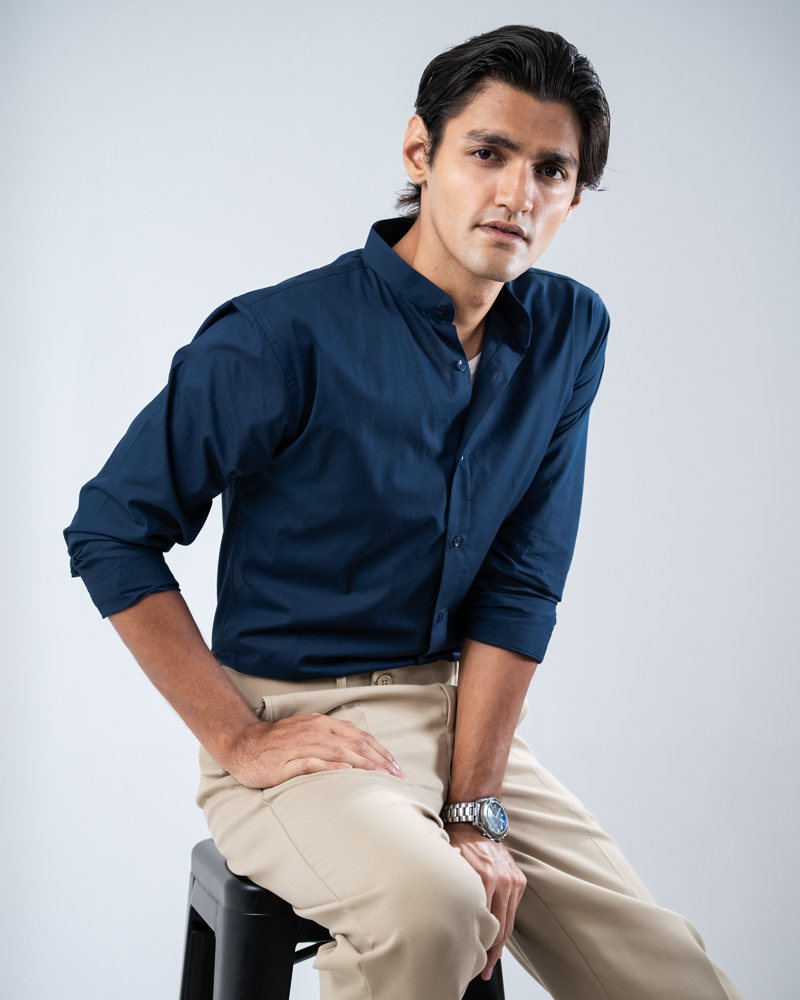 Full Sleeve Band Collar Shirt in Navy Blue - Image 3