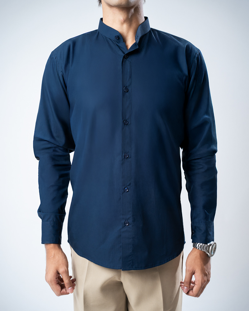 Full Sleeve Band Collar Shirt in Navy Blue - Image 4