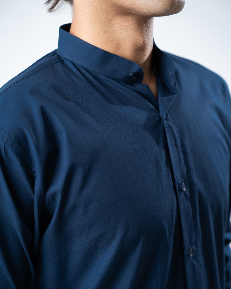 Full Sleeve Band Collar Shirt in Navy Blue - Image 5