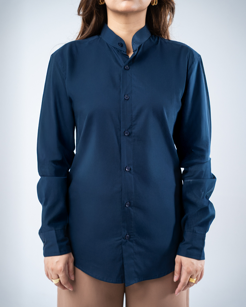 Full Sleeve Band Collar Shirt in Navy Blue - Image 8