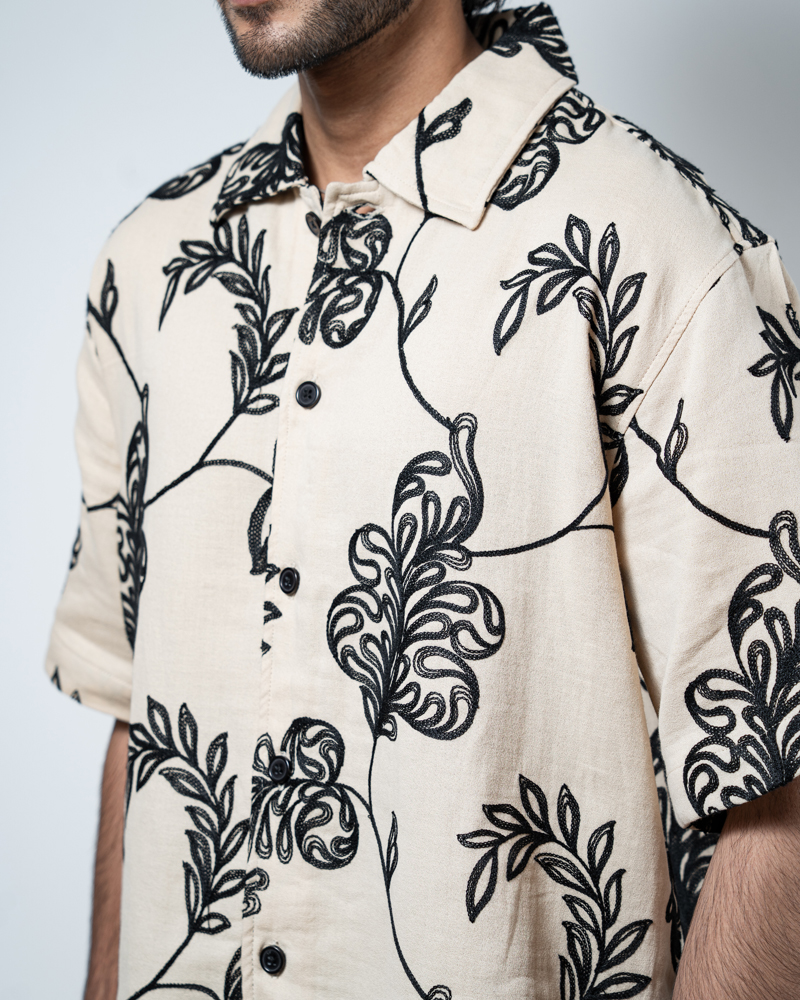 Half Sleeve Embroidered Boxy Shirt in Cream - Image 2