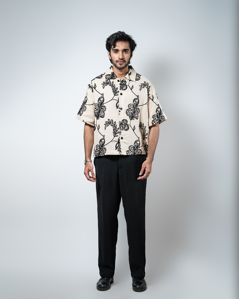 Half Sleeve Embroidered Boxy Shirt in Cream - Image 3