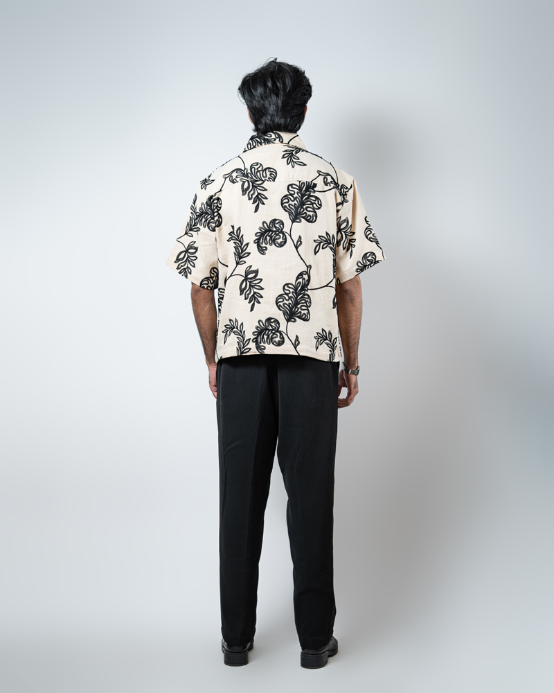 Half Sleeve Embroidered Boxy Shirt in Cream - Image 4