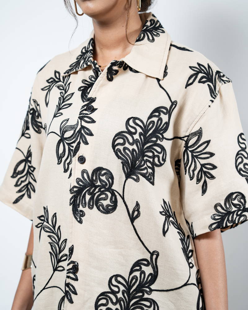 Half Sleeve Embroidered Boxy Shirt in Cream - Image 5
